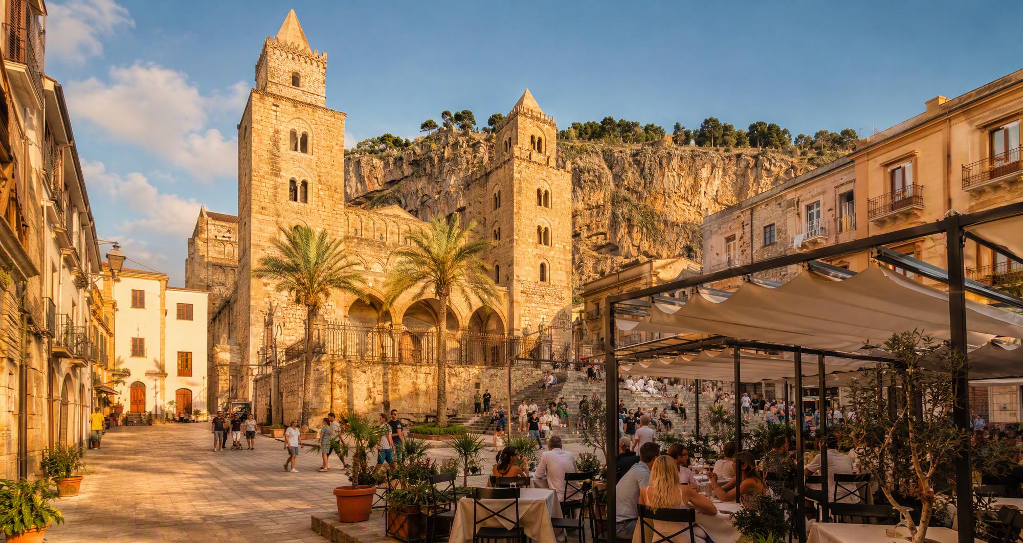Panorama della piazza del Duomo di Cefalù con la cattedrale normanna