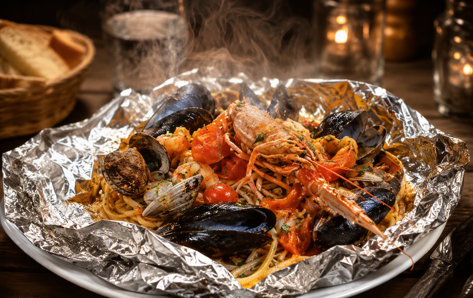 Pasta ai frutti di mare servita al cartoccio